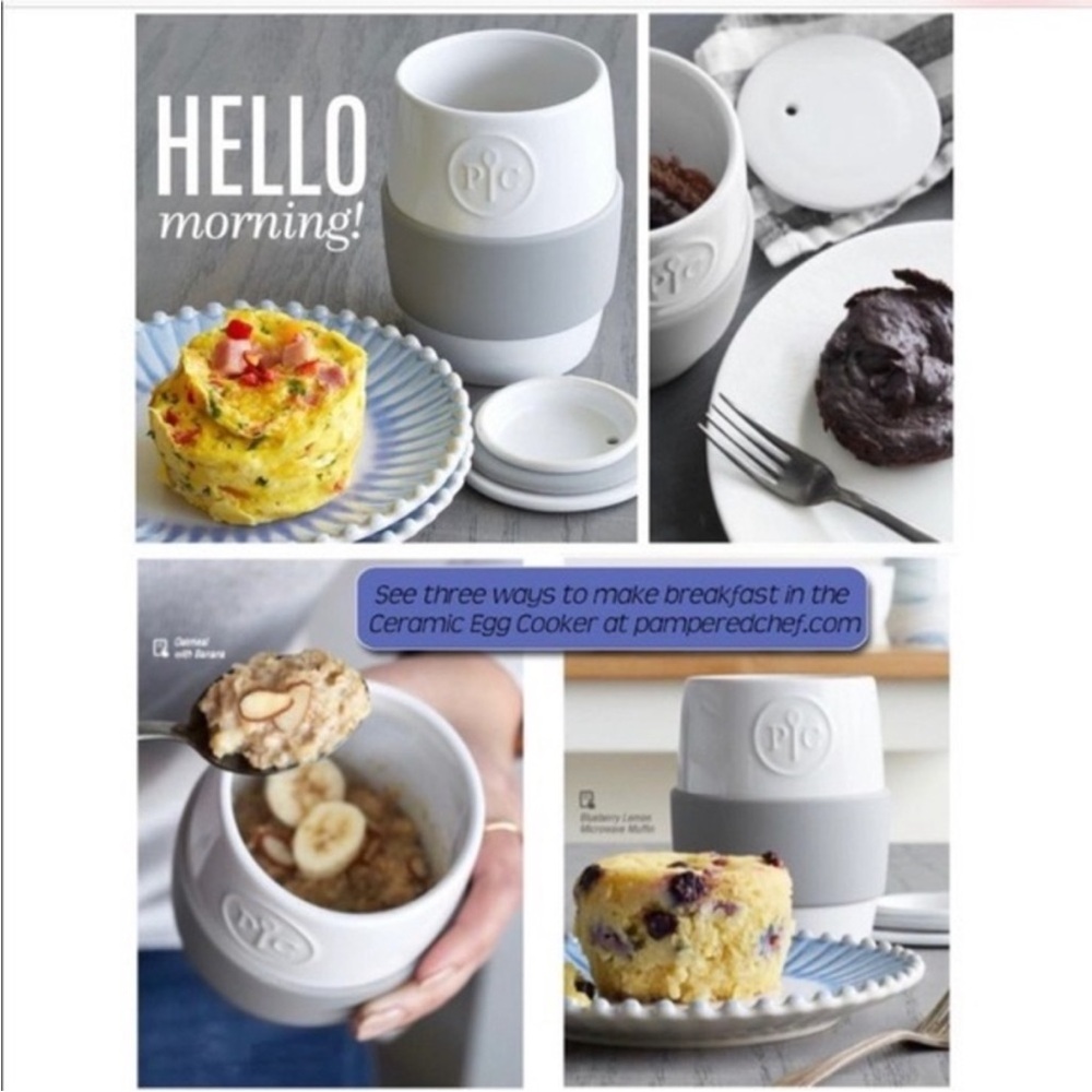 Pampered Chef Ceramic Egg
Omelet Cooker Cup with Lid makes
Mug Cakes. 
New